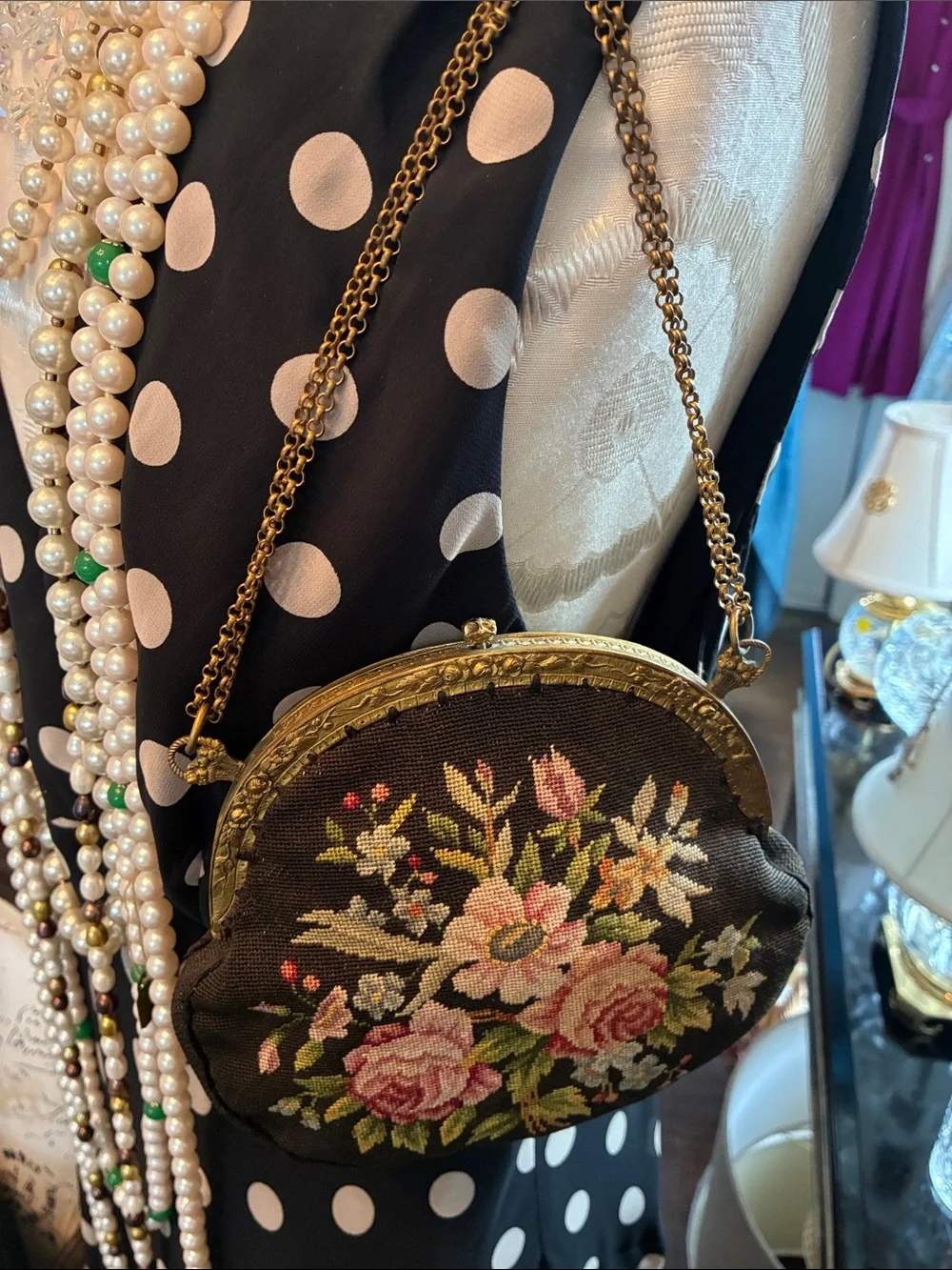 Antique Black Needlepoint Floral Pouch Purse